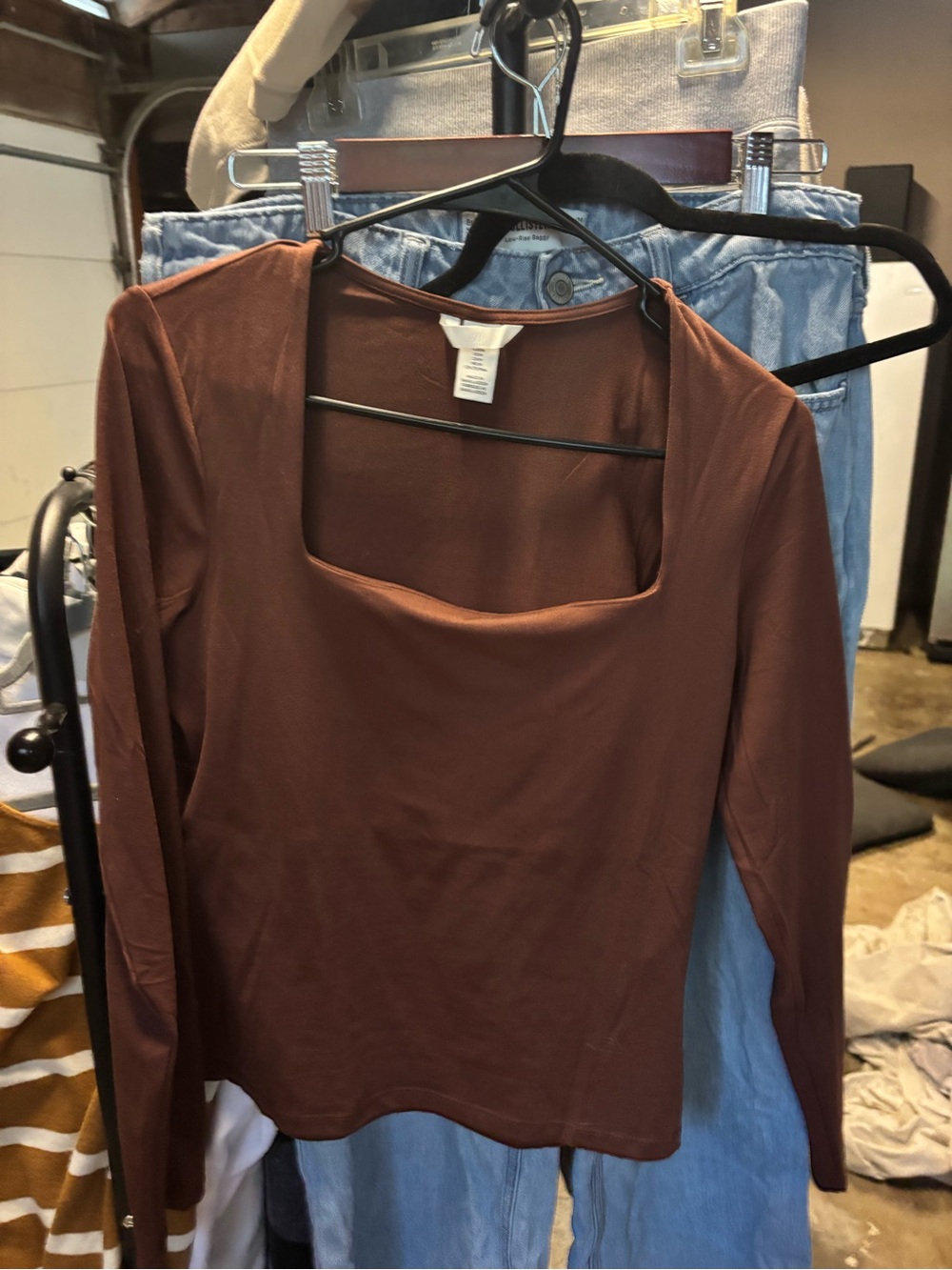 H&M Women's Brown Square Neck Long Sleeve Top